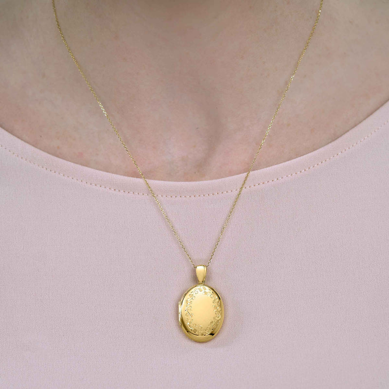 Hand Engraved Oval Locket, 14K Yellow Gold