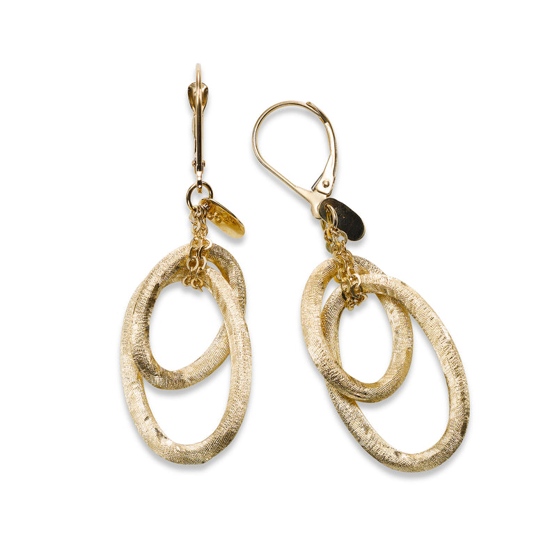 Florentine Finish Oval Dangle Earrings, 14K Yellow Gold