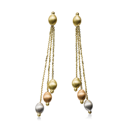 Tricolor Pebble Dangle Earrings, 14 Karat Gold