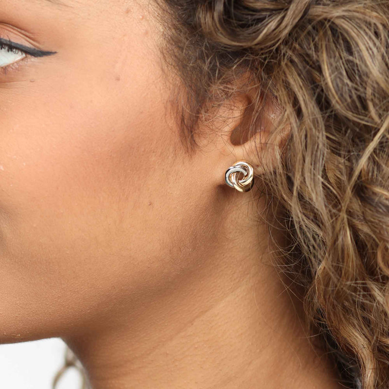 Shiny Tricolor Gold Knot Earrings, 18 Karat Gold