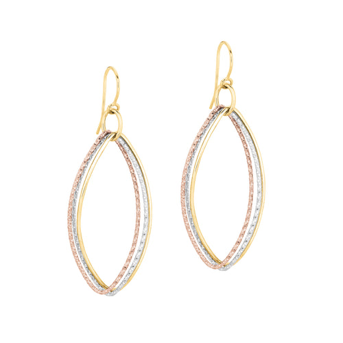 Tricolor Marquise Shaped Dangle Earrings, 14 Karat Gold