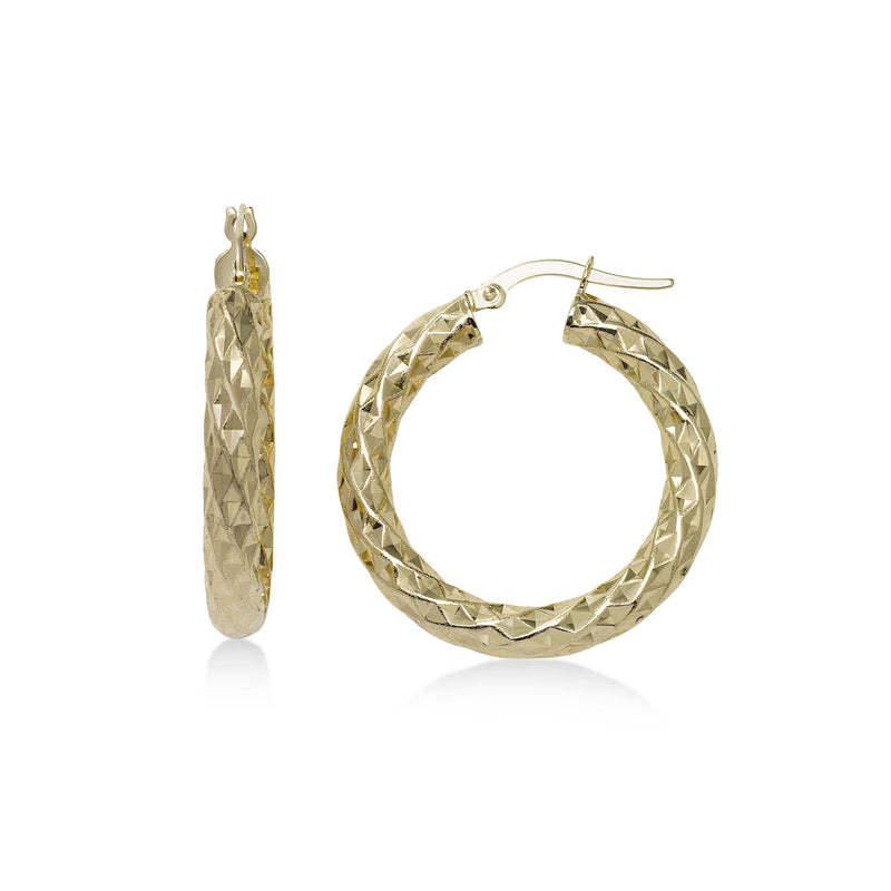 Diamond Cut Hoop Earrings, 1 Inch, 14K Yellow Gold
