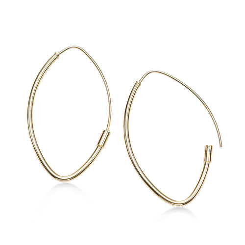Thin Marquise Shape Hoop Earrings, 14K Yellow Gold