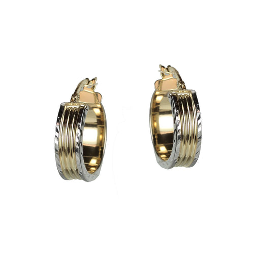 Two Tone Ridgelined Hoop Earrings, 14 Karat Gold