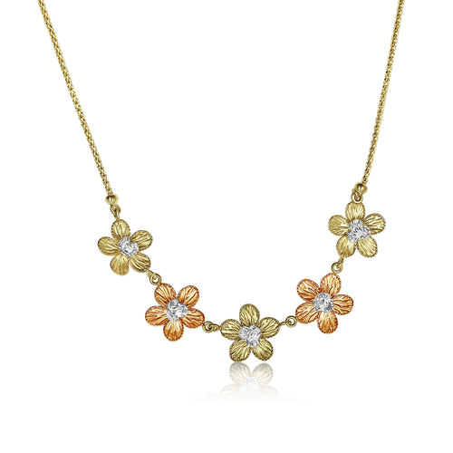 Tricolor Five Flower Neclace, 14 Karat Gold