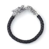 Silver Dragon Head Bracelet, Braided Black Leather