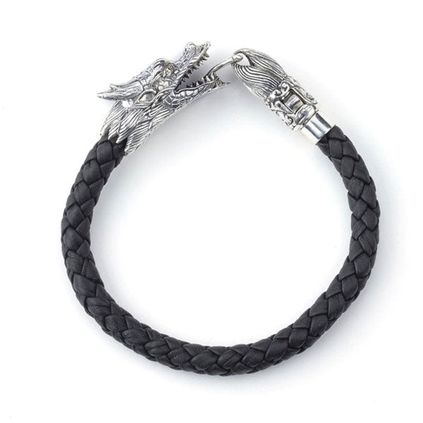 Silver Dragon Head Bracelet, Braided Black Leather