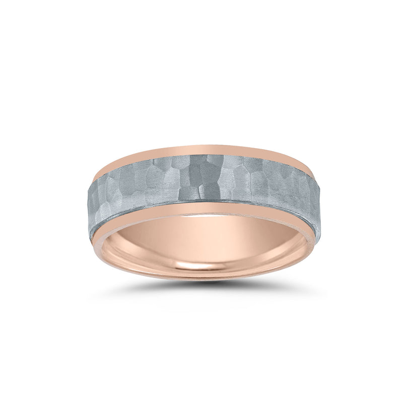 Hammered Finish Center Wedding Band, 6 MM, Sterling and Rose Gold Plating