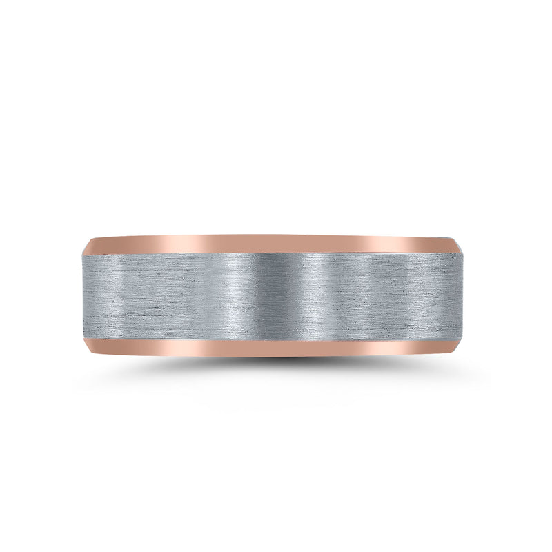 Brushed Center Wedding Band, 7 MM, 14 Karat Rose Gold Plate and Sterling Silver