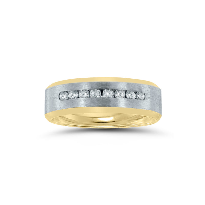 Two Tone Wedding Band with Diamonds, 7 MM, 14 Karat Gold