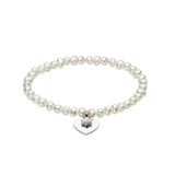 Girl's Stretchy Cultured Pearl Bracelet with Heart Charm, Sterling Silver