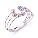 Multi Row Pink Cultured Pearl Cuff Bracelet, Sterling Silver