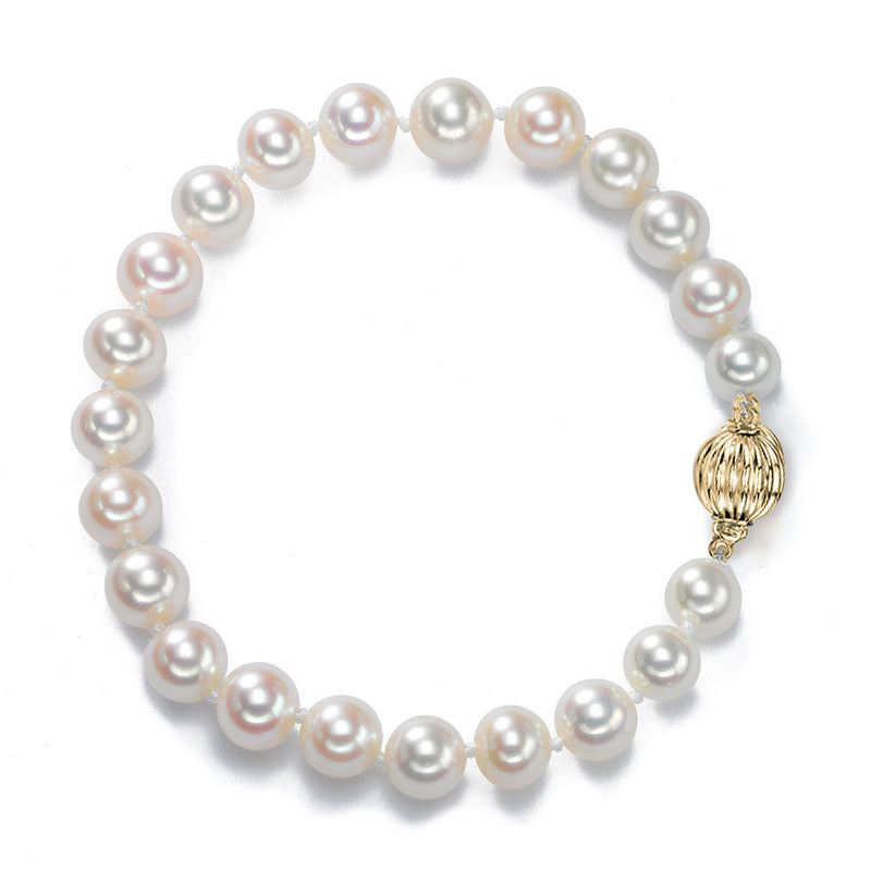 Freshwater Cultured Pearl Bracelet,  7.5 x 7 MM, 14K Yellow Gold Ball Clasp