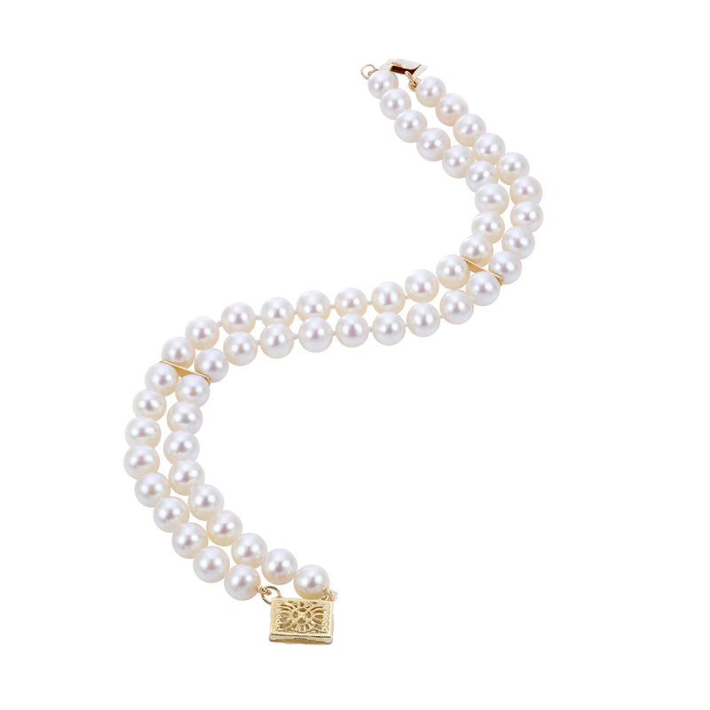 Double Akoya 7 x 6.5 MM  Cultured Pearl Bracelet, 14K Yellow Gold