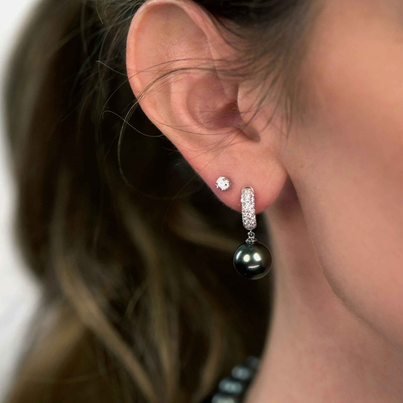 Diamond Hoop with Tahitian Cultured Pearl Drop, 18K White Gold