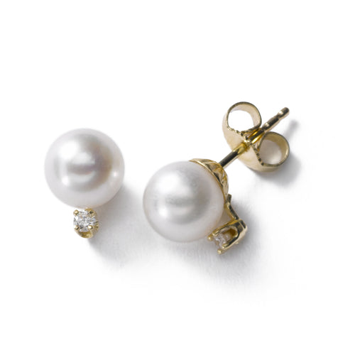 Akoya Cultured Pearl Earrings with Diamonds, 8.5 MM, 14K Yellow Gold