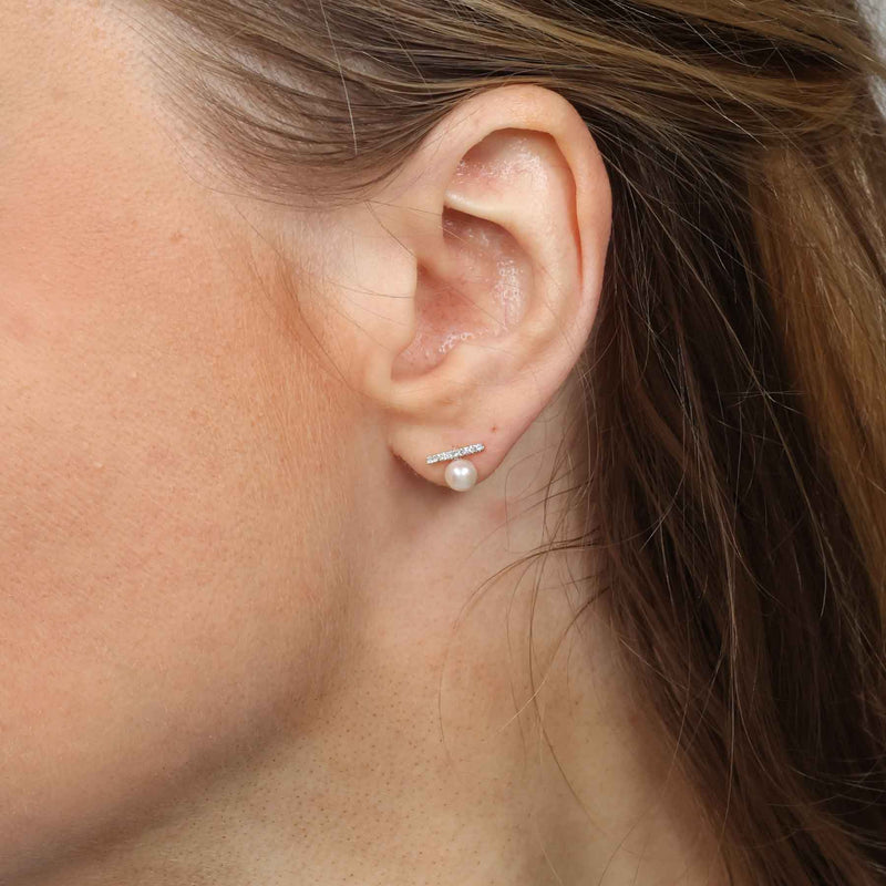 Cultured Pearl and Diamond Bar Earrings, 14K Yellow Gold