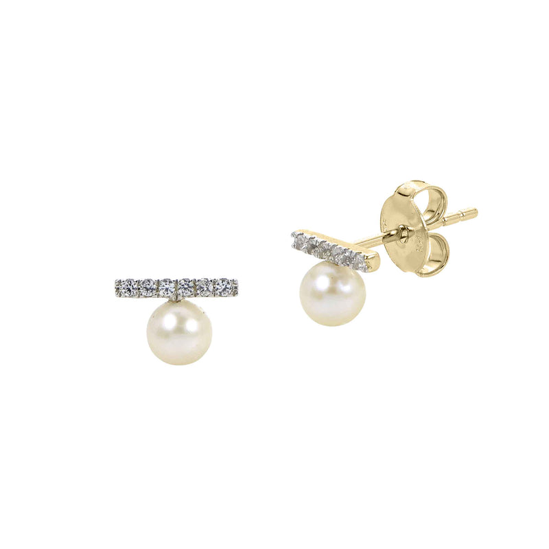 Cultured Pearl and Diamond Bar Earrings, 14K Yellow Gold
