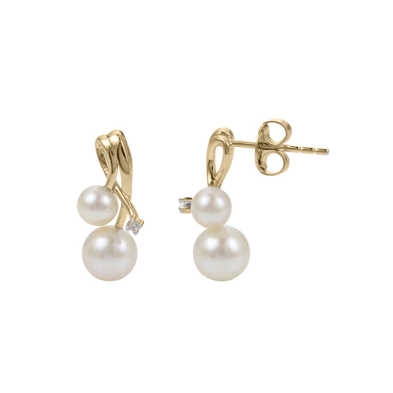 Double Pearl and Diamond Drop Earrings, 14K Yellow Gold