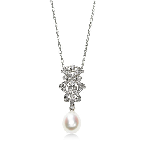 Vintage Style Diamond and Cultured Pearl Drop Pendant, 14K White Gold