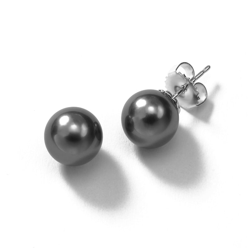 Dark Grey Freshwater Pearl Earrings, 8.5 MM, 14K White Gold