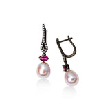 Pink Freshwater Pearl and Ruby with Diamond Earrings, Black Rhodium