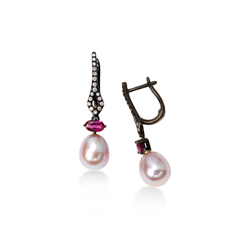 Pink Freshwater Pearl and Ruby with Diamond Earrings, Black Rhodium