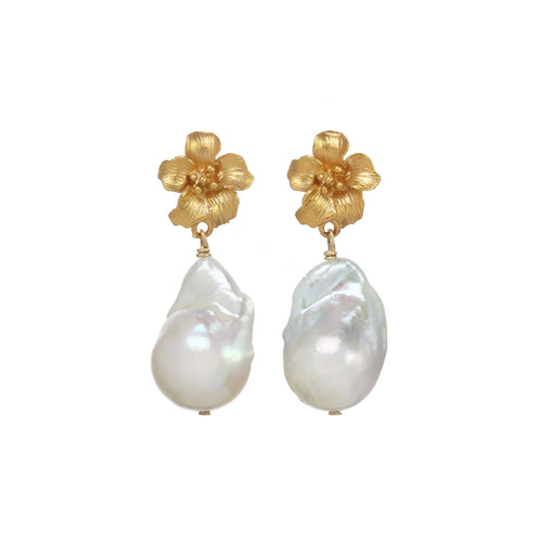 White Baroque Pearl Drop Earrings with Flower Top, Vermeil