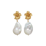 White Baroque Pearl Drop Earrings with Flower Top, Vermeil