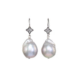 Grey Baroque Pearl with White Sapphires Drop Earrings, Sterling Silver