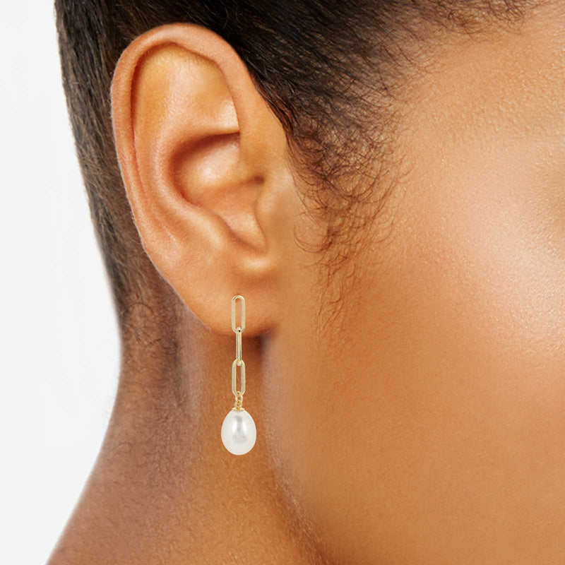 Paperclip Link Dangle Pearl Earrings, 14K Yellow Gold