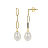 Paperclip Link Dangle Pearl Earrings, 14K Yellow Gold