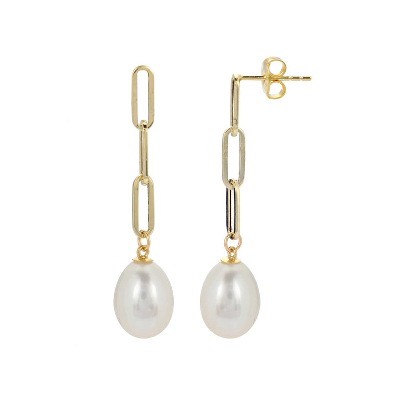 Paperclip Link Dangle Pearl Earrings, 14K Yellow Gold