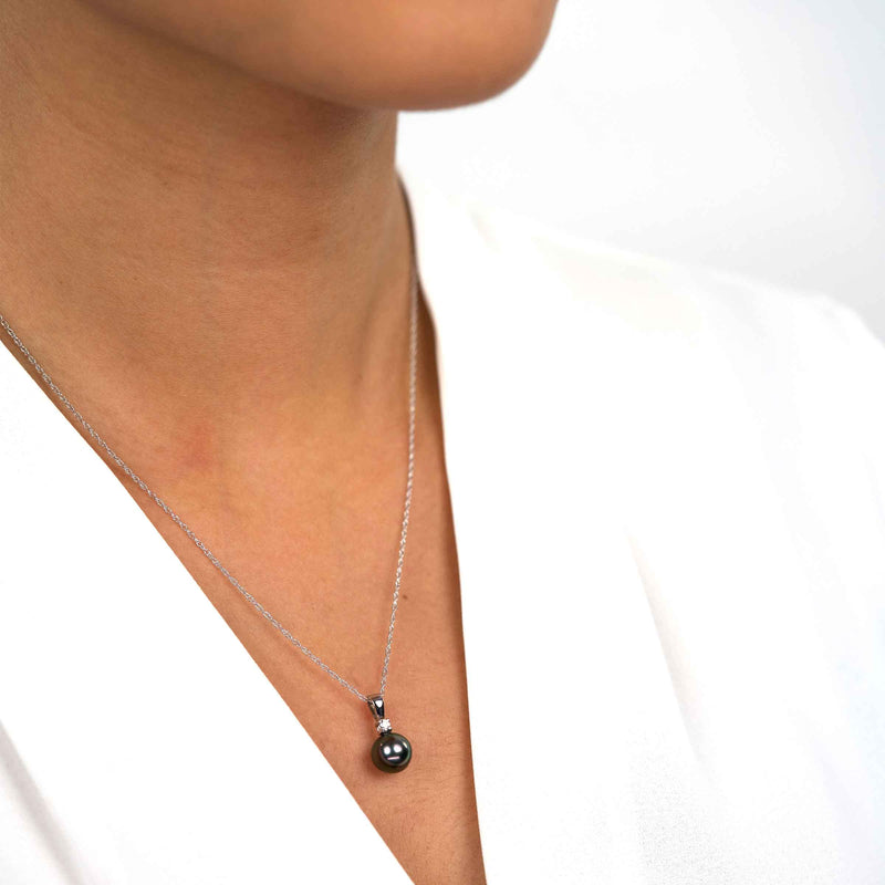 Single Tahitian Pearl with Diamond Accent, 14K White Gold