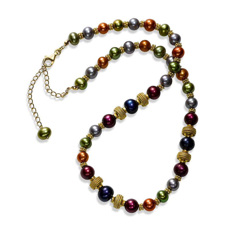 Multi Color Dyed Freshwater Cultured Pearl Necklace, 24K Vermeil
