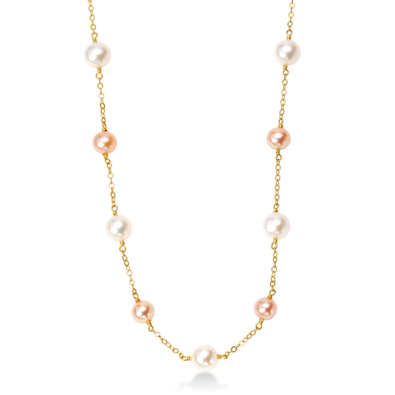 Pink and White Cultured Pearl 36-Inch Necklace,  14K Yellow Gold