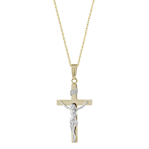 Two Tone Crucifix Pendant, 14 Karat Gold