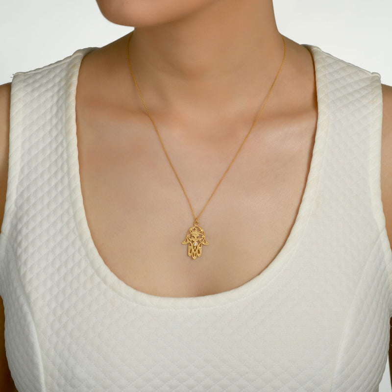 Scrollwork Hamsa Pendant with Diamond, 14K Yellow Gold