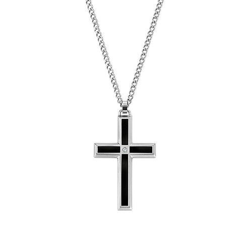 Black Enamel Cross, Tailored Design with Diamond Accent, Stainless Steel