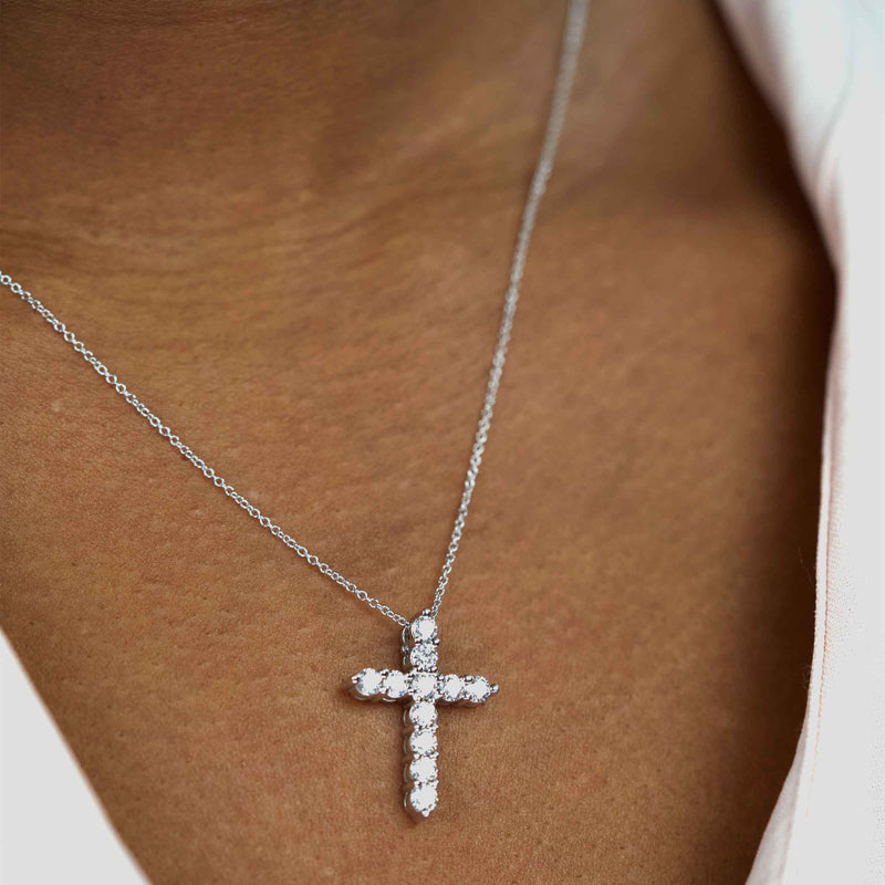 Shared Prong Diamond Cross, 1 Carat Total, 14K White Gold
