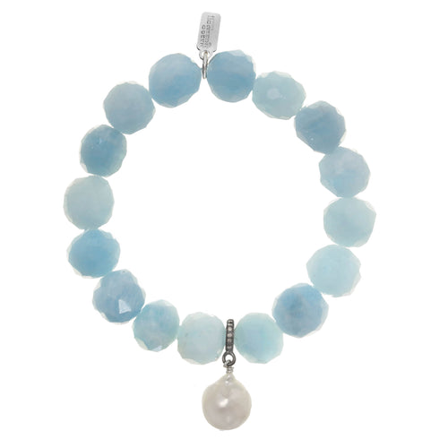 Aquamarine and White Baroque Cultured Pearl Stretch Bracelet