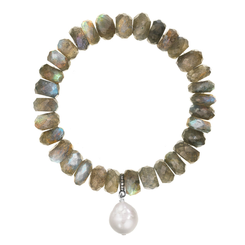 Labradorite and White Baroque Cultured Pearl Stretch Bracelet