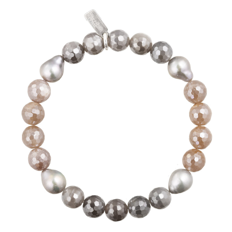 Coated Multi-Color Moonstone and Grey Baroque Pearls Stretch Barcelet, Adjustable