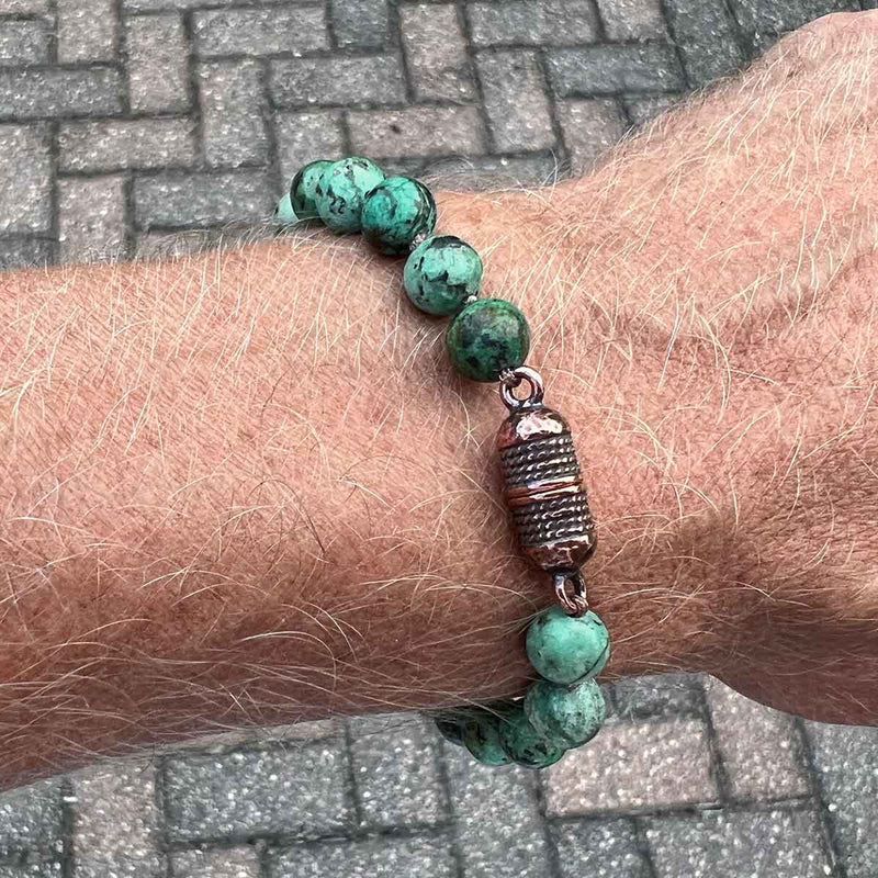 African Stabilized Turquoise Bead Bracelet, 8 Inches, Pewter