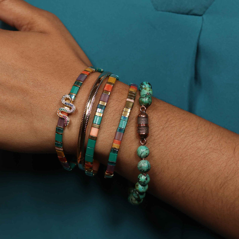 African Stabilized Turquoise Bead Bracelet, 8 Inches, Pewter