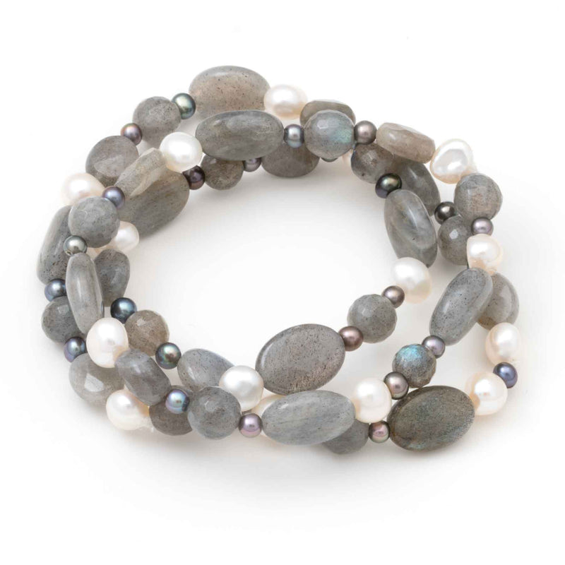 Labradorite and Pearl Stretch Bracelets, Set of 3