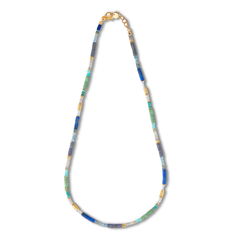 Shades of Blue and Green Gemstone Necklace, 18 Inches, Vermeil