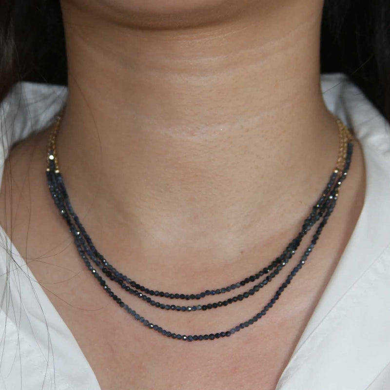 Blue Sapphire Triple Strand Necklace, Yellow Gold Plating