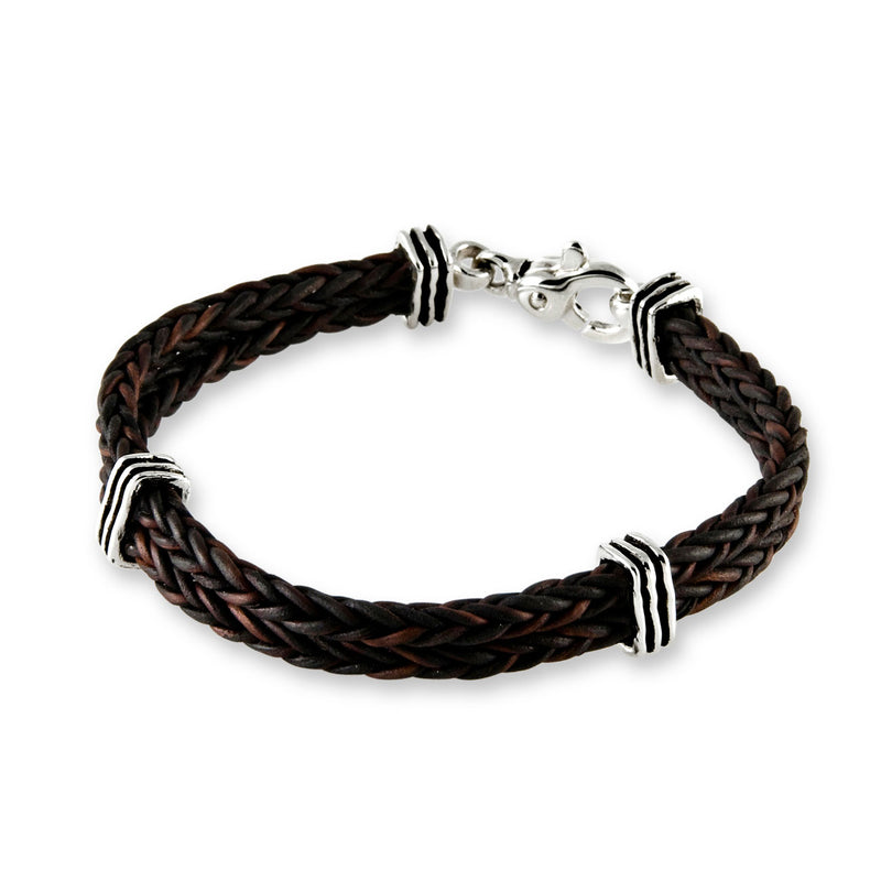 Double Braid Leather Bracelet, Sterling Silver