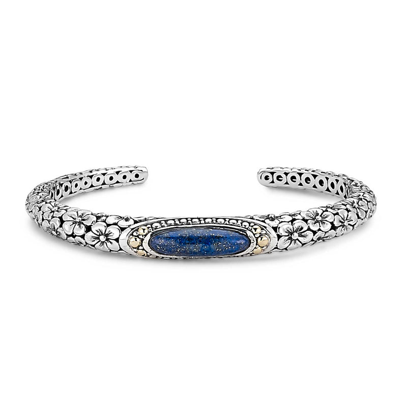 Oval Lapis Floral Design Cuff Bracelet, Sterling Silver